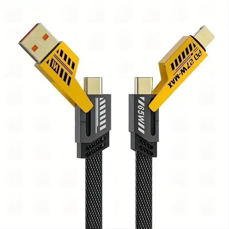 Cablu de date si incarcare 4 in 1, USB / Type C / Lightning, maxim 65W, impletit, plat, capete metalice 1