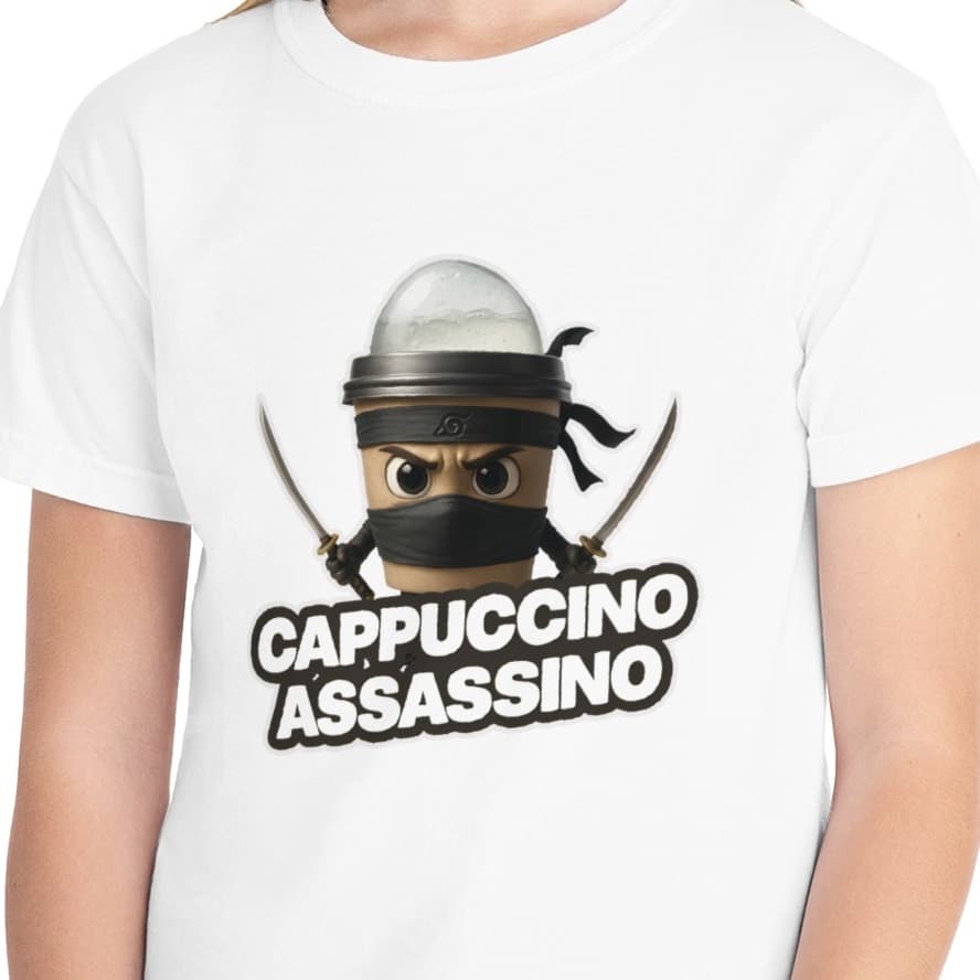 Tricou personalizat alb, copii/adulti, design Cappuccino Assassino 1, modal, diverse marimi 1