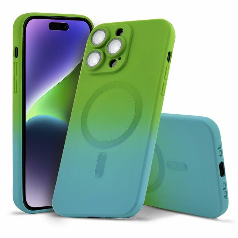 Husa Apple iPhone 12 Pro, Magsafe Ombre Silicone, geam protectie camere, verde/albastru 1