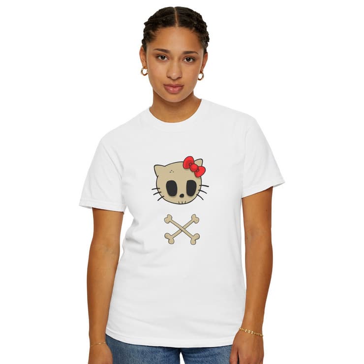 Tricou personalizat alb, copii/adulti, design Kitty Skull, modal, diverse marimi 1