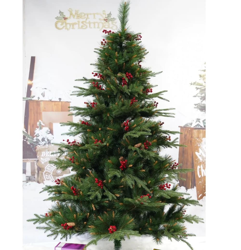 Brad artificial de Craciun decorat cu conuri pin rosii, interior/exterior, inaltime 120 cm, verde, suport de plastic inclus 1