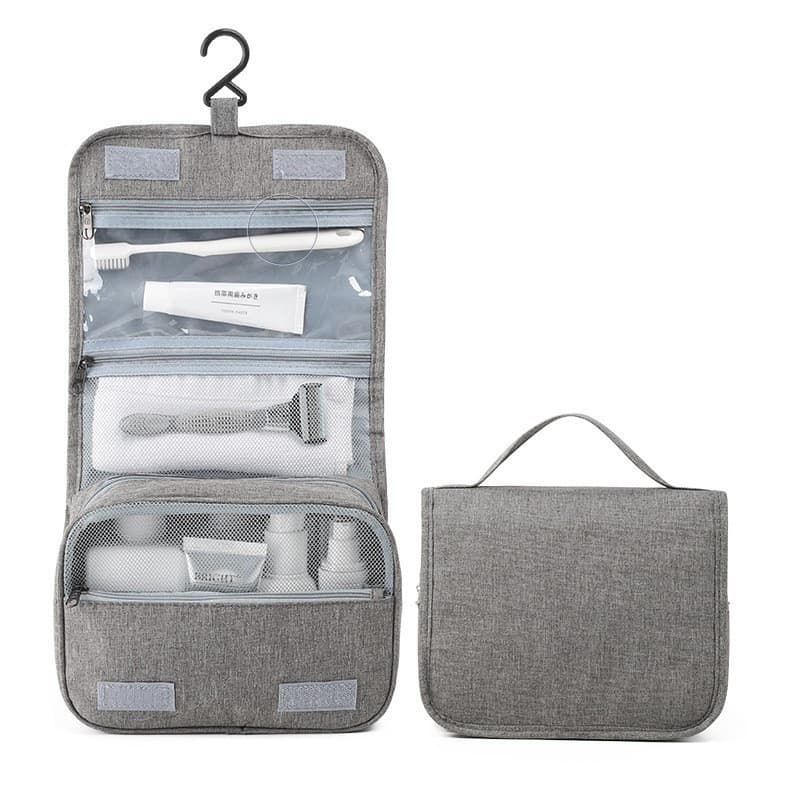 Geanta cosmetice voiaj, material panza, impermeabil, 3 compartimente, agatatoare, 47 x 28 x 20 cm, gri 1