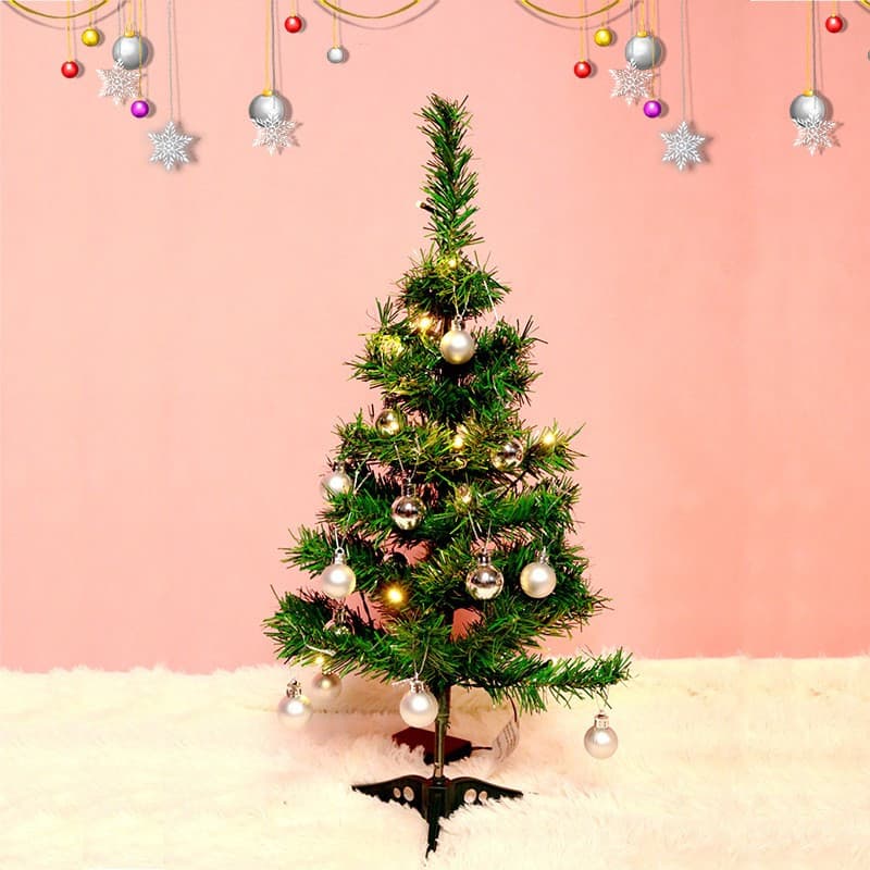 Brad artificial impodobit, 60 cm, suport plastic cu instalatie luminoasa 20 LED alb cald + 20 globuri argintii incluse 1