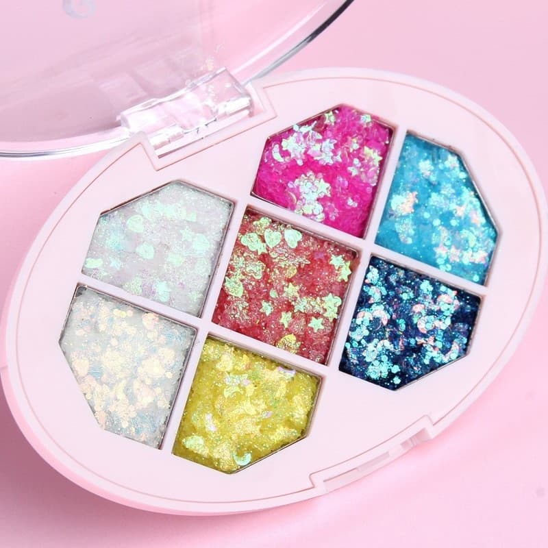 Paleta cu Glitter, Flippy, Varianta 1, 7 Nuante, Pentru Corp si Par, 50 g, Rezistent la Apa, 9.8 x 6.8 cm, Multicolor 1