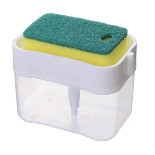 Dispenser dozator 2 in 1 pentru detergent, lichid de vase, suport pentru burete, 14 x 10.5 x 10 cm, 380 ml, alb 1