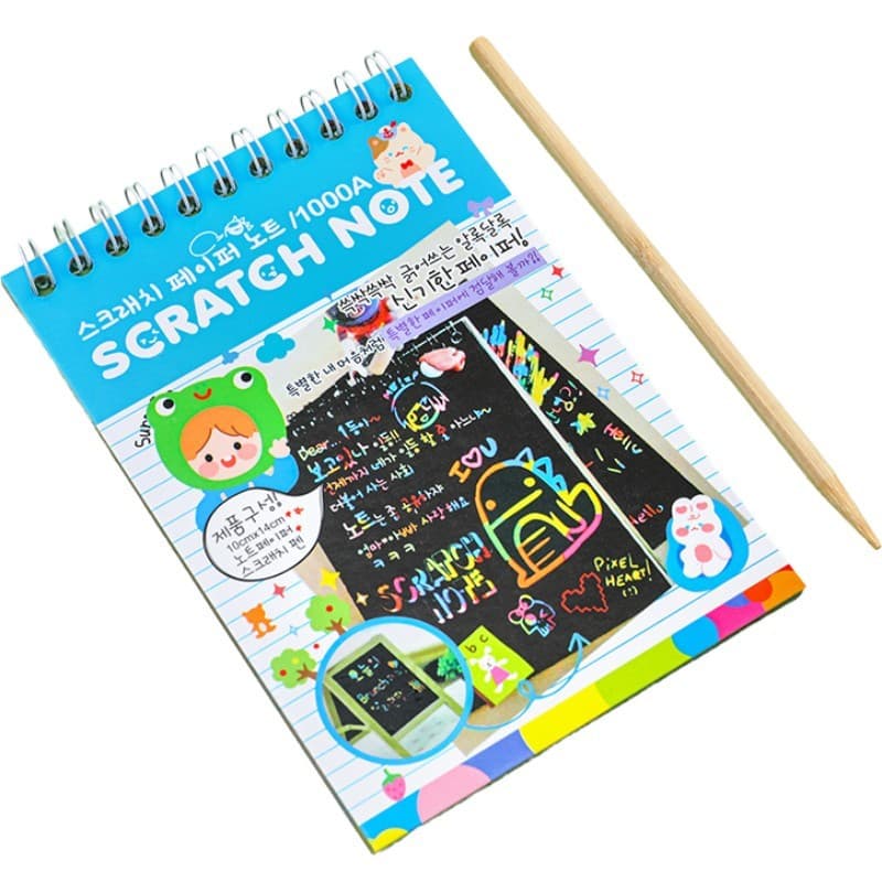 Caiet cu 10 fise razuibile DIY Magic Scratch, 20 cm x 13.5 cm, curcubeu, creion lemn, cartonase negre, multicolor 1