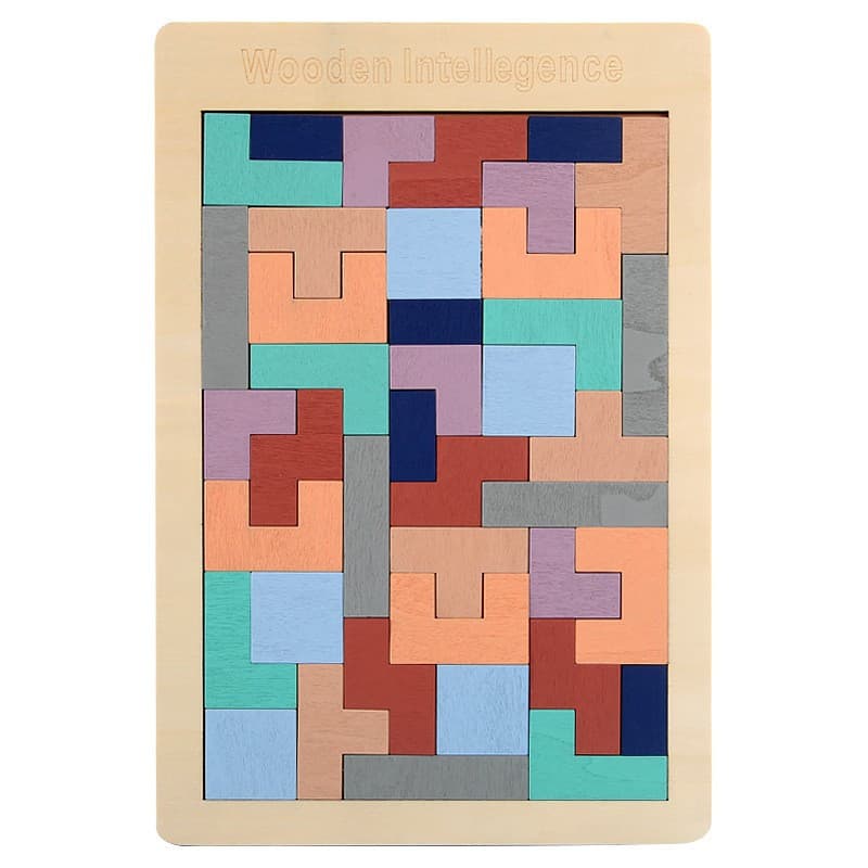 Puzzle Montessori dinl lemn, tip Tetris, 40 piese, multicolor pastel 1