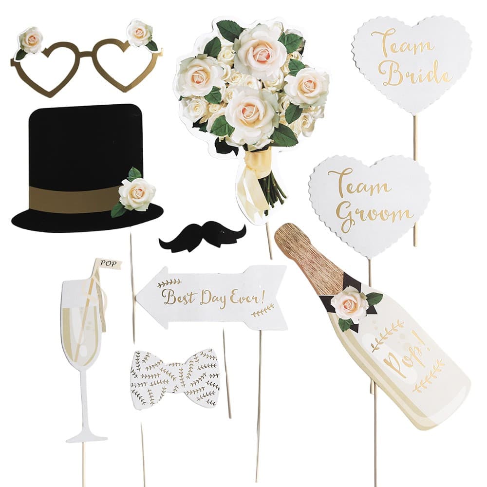 Set 10 Accesorii pentru petrecere, Props pentru Coltul de Poze, Model Mire si Mireasa, Tematica Nunta, Multicolor 1