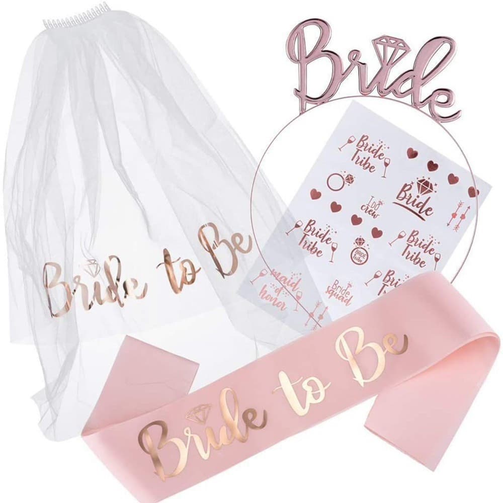 Set de accesorii pentru mireasa, coronita, panglica, stickere, voal, model Bride To Be, tematica nunta, alb/roz 1