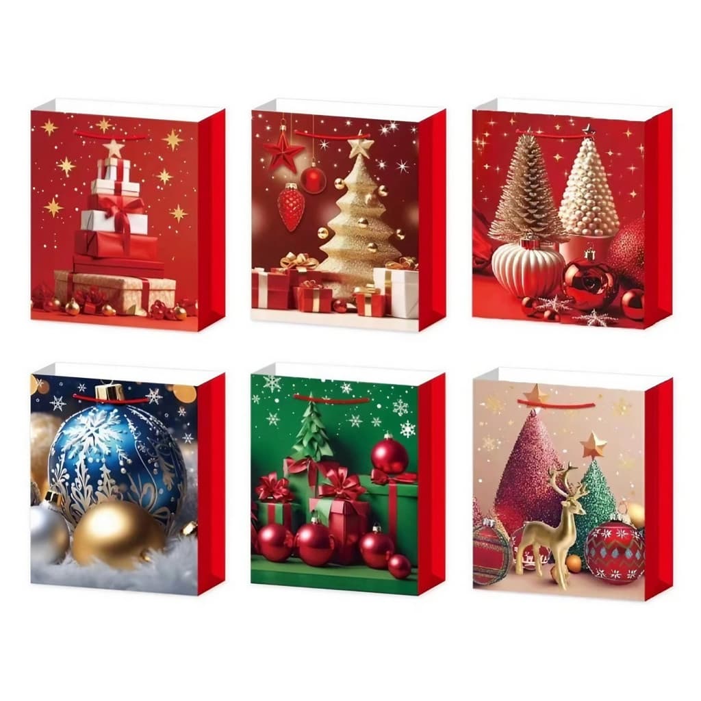 Set 6 pungi cadou din hartie, tematica Brad de Craciun, 18.5 x 22.5 x 8.5 cm, diverse modele 1