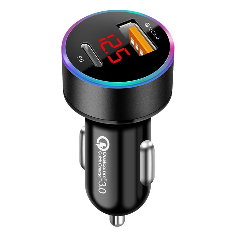 Incarcator auto cu 1 port PD/Type C 20W si 1 port USB QC 3.0, lumina LED, afisaj LED, incarcare rapida, negru 1