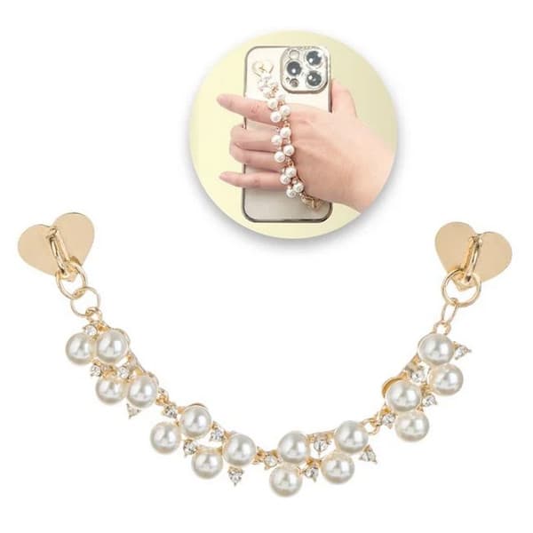 Decoratiune telefon mobil, maner auriu, margele cu strass Inimi, 16 cm 1