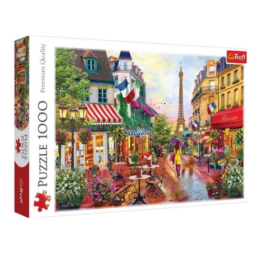 Puzzle Trefl, Paris cu turnul Eiffel, fata cu caine si bistro, 1000 de piese 1