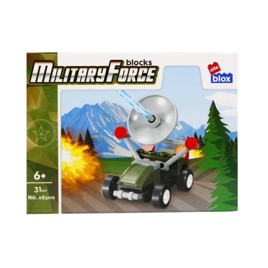 Set de constructie Alleblox Military Force, vehicul militar cu antena, 31 piese, 6+ 1