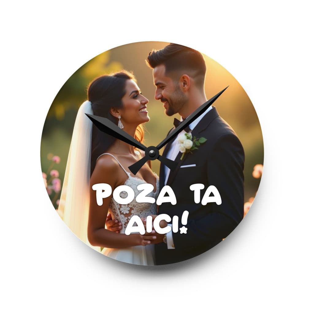 Ceas de perete rotund, personalizat cu poza ta, cadran din sticla, 20 cm, alimentare cu baterii