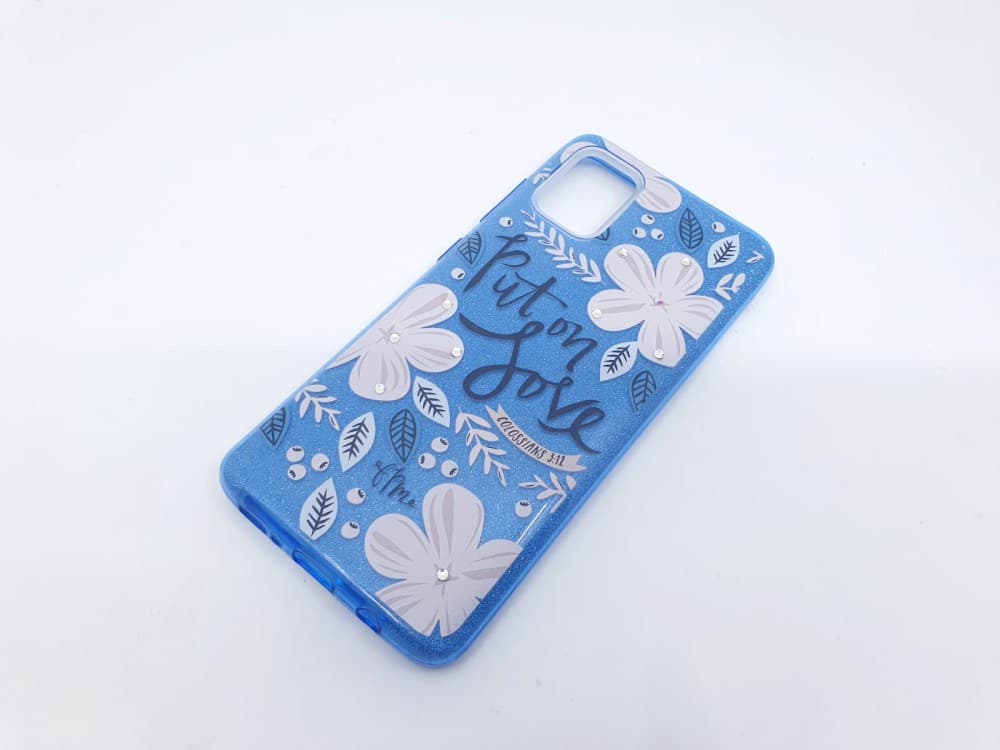 Husa Flowers Glitter pentru Samsung Galaxy S20, cu mesaj, albastra — 2