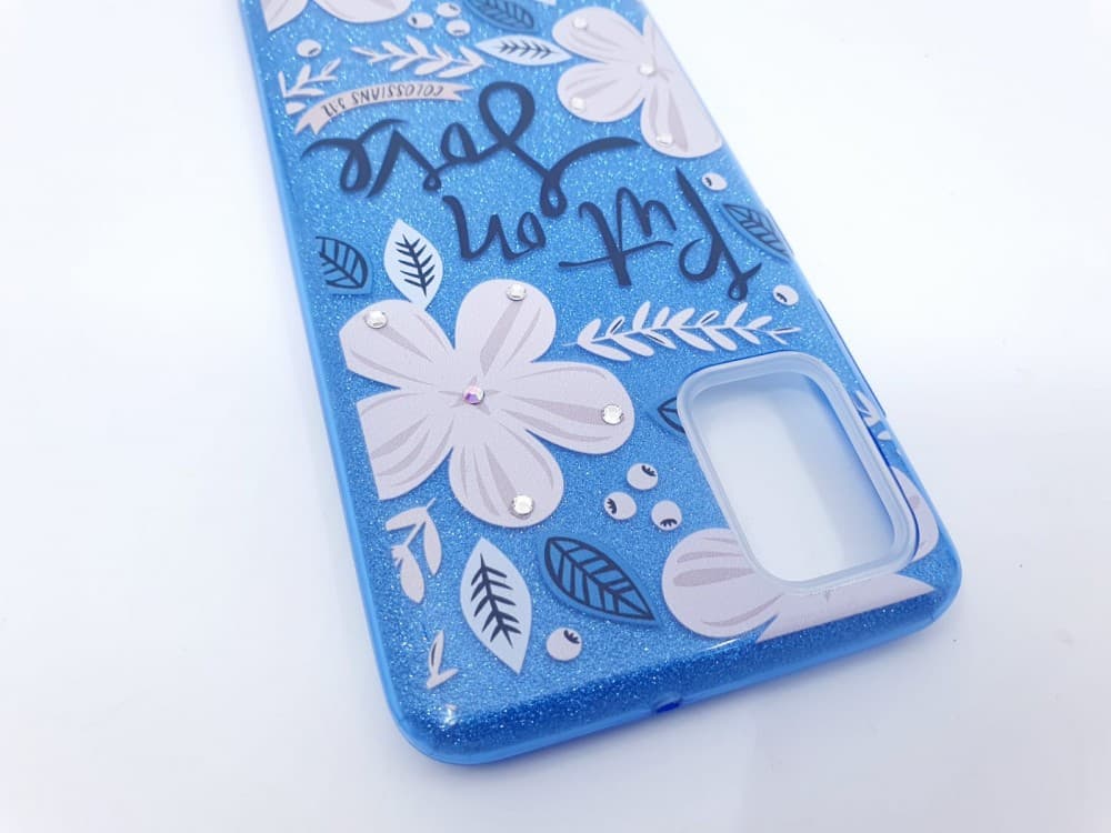 Husa Flowers Glitter pentru Samsung Galaxy S20, cu mesaj, albastra — 3