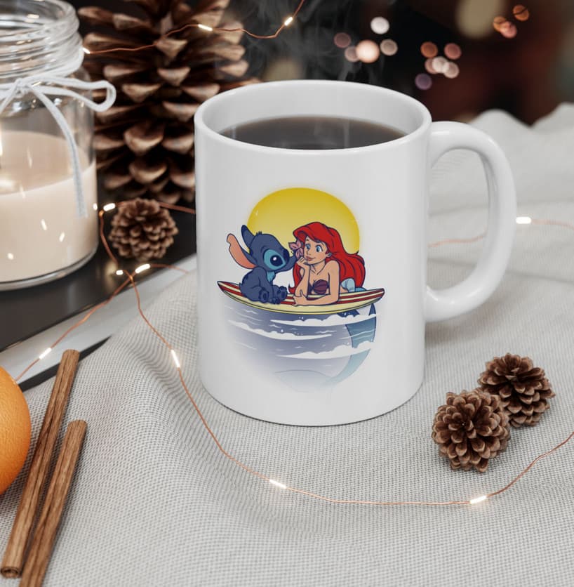 Cana ceramica personalizata, design Stitch si Sirena, 330 ml, alba — 4