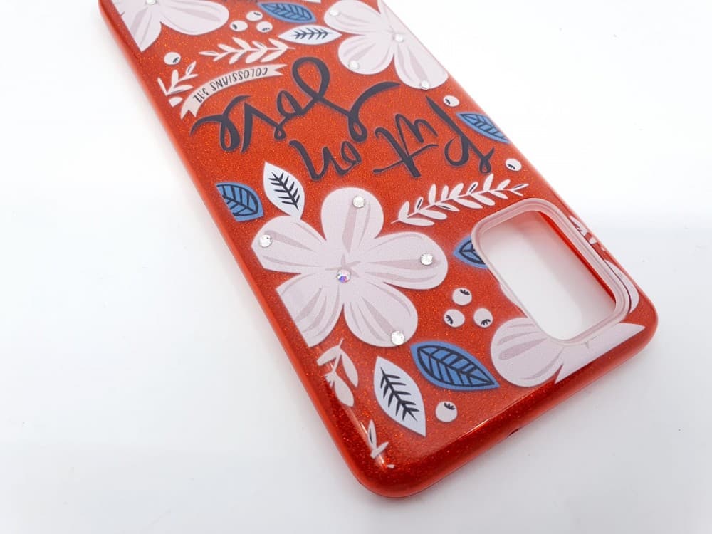 Husa Flowers Glitter pentru Samsung Galaxy S20 Ultra, cu mesaj, rosie — 2