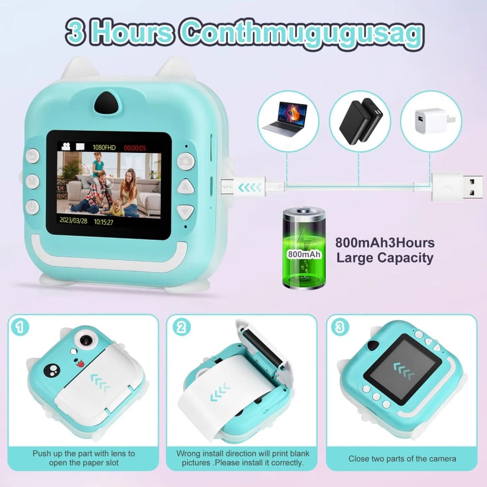 Aparat foto, camera video Full HD pentru copii, imprimanta termica incorporata, turcoaz — 5
