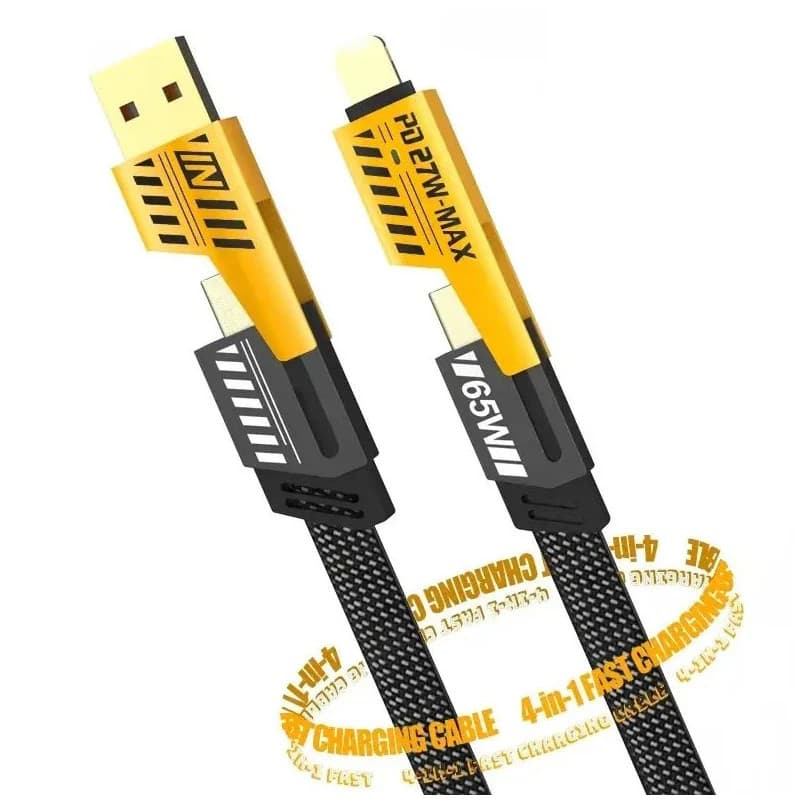 Cablu de date si incarcare 4 in 1, USB / Type C / Lightning, maxim 65W, impletit, plat, capete metalice — 2