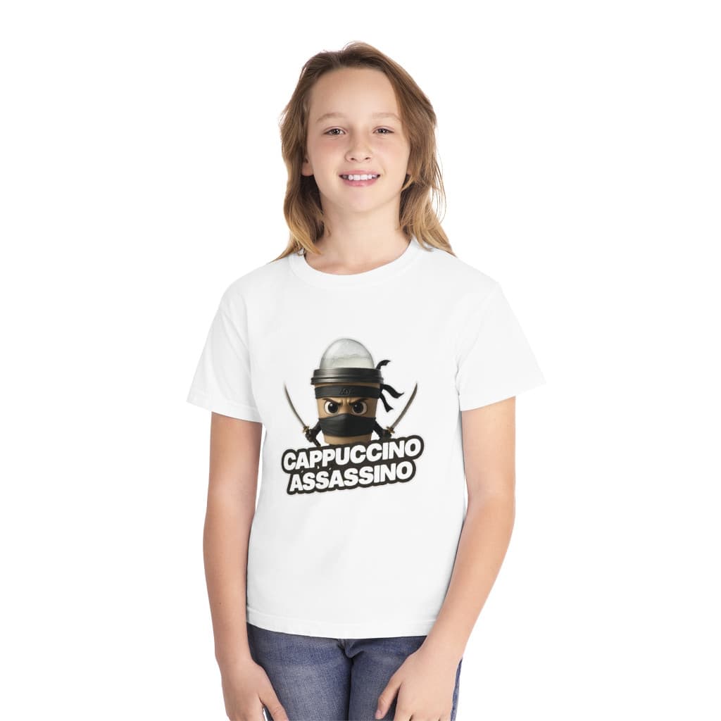 Tricou personalizat alb, copii/adulti, design Cappuccino Assassino 1, modal, diverse marimi — 2