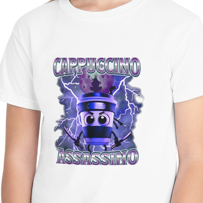 Tricou personalizat alb, copii/adulti, design Cappuccino Assassino 2, modal, diverse marimi