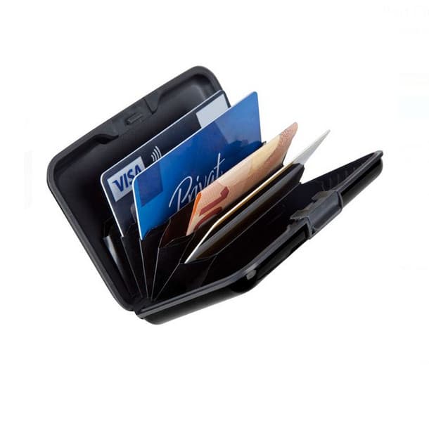 Portofel pentru carduri si bani, carcasa din aluminiu, negru — 2