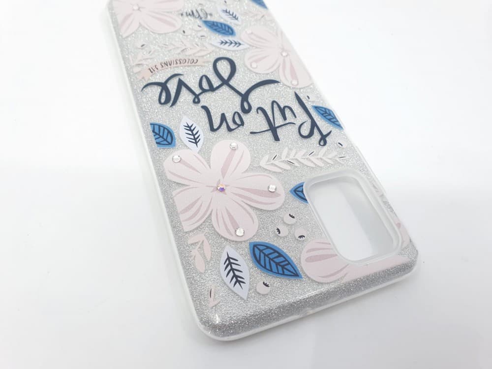 Husa Flowers Glitter pentru Samsung Galaxy S20 Ultra, cu mesaj, argintie — 3