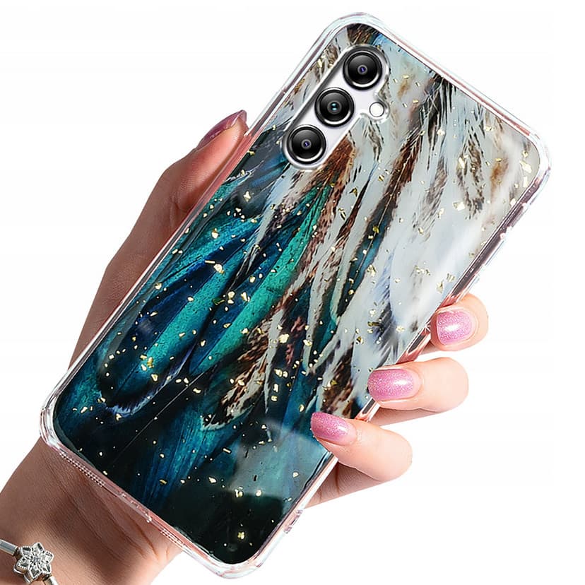 Husa protectie Samsung Galaxy A15, Gold Glam Feathers