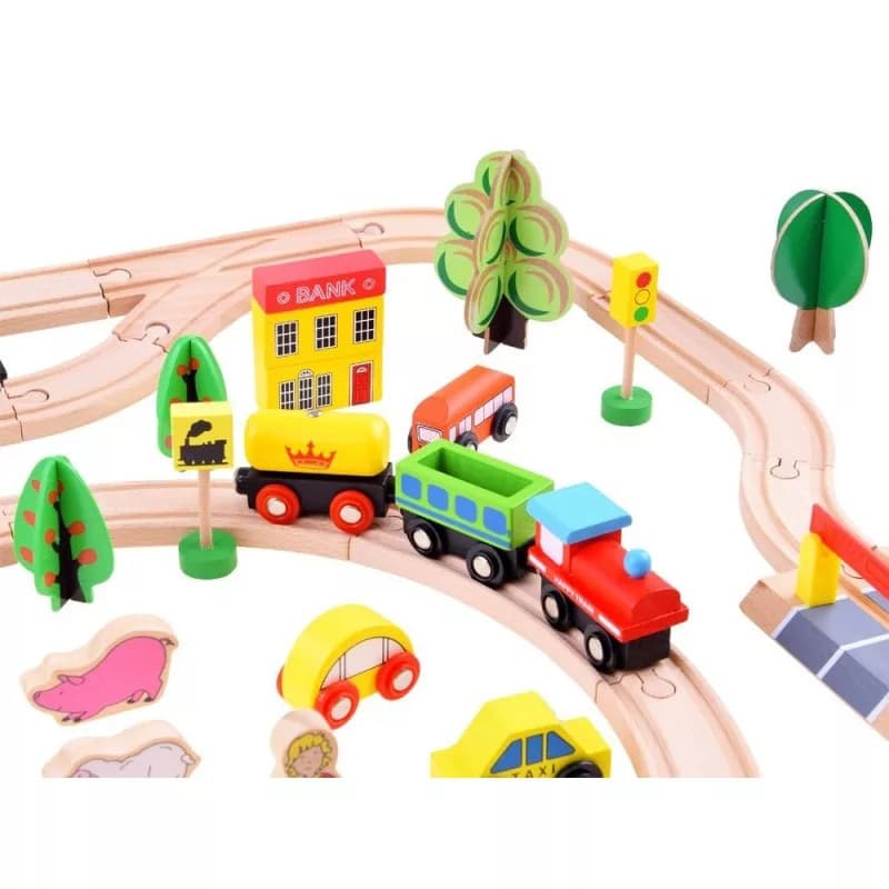 Traseu din lemn Kids Toyland, cu masinute si accesorii, 80 piese — 5