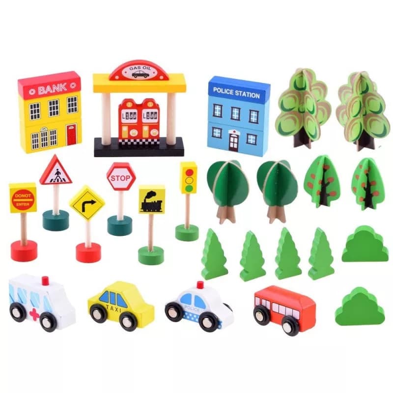 Traseu din lemn Kids Toyland, cu masinute si accesorii, 80 piese — 6