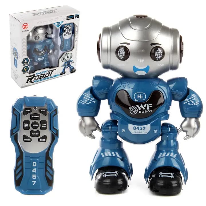 Jucarie interactiva Robot inteligent cu telecomanda, functii multiple, lumini LED, melodii si dansuri, 22 cm x 16 cm x 9 cm, albastru-gri