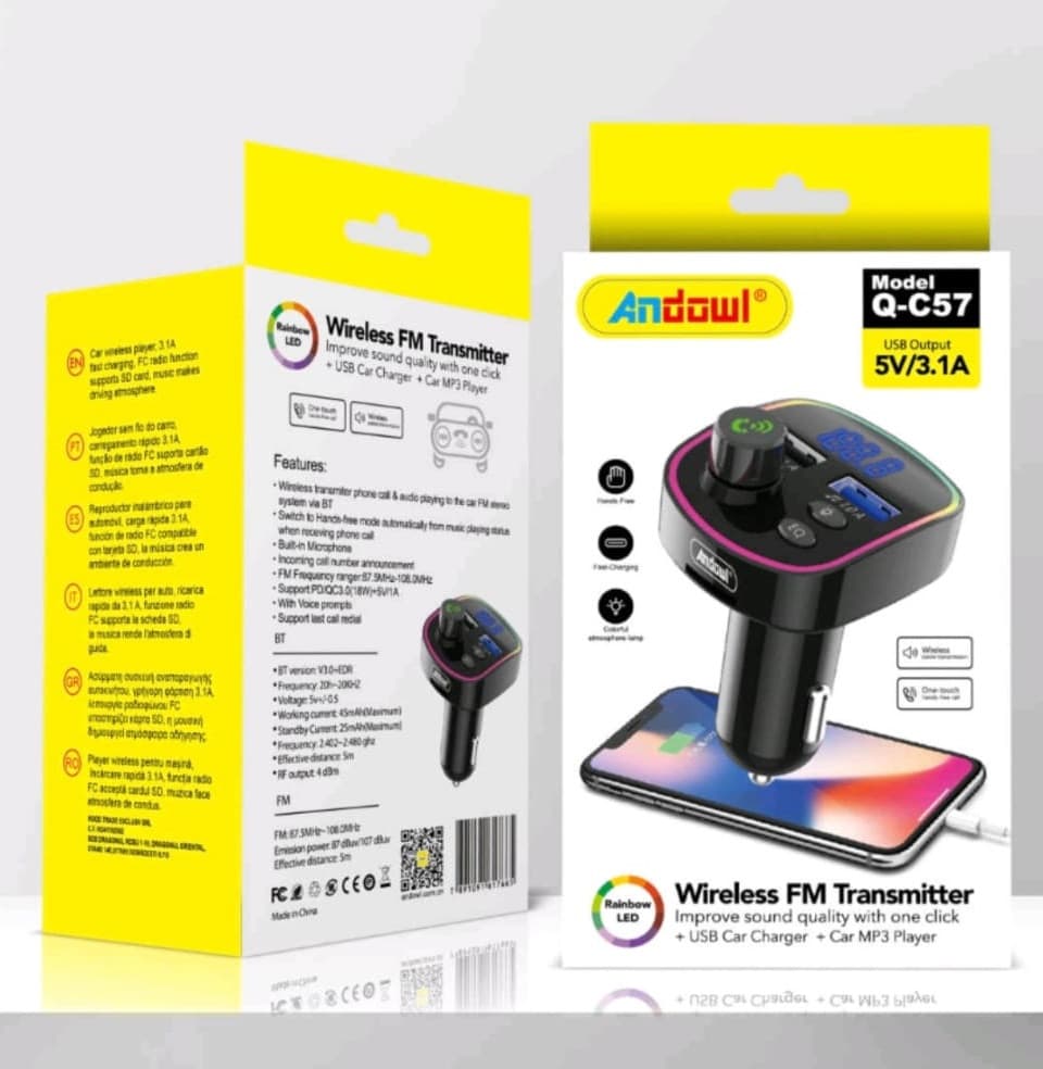 Modulator FM Bluetooth Andowl Q-C57, 2 porturi USB + 1 port PD, 5V/3.1A, lumini RGB, ecran LED, negru — 2