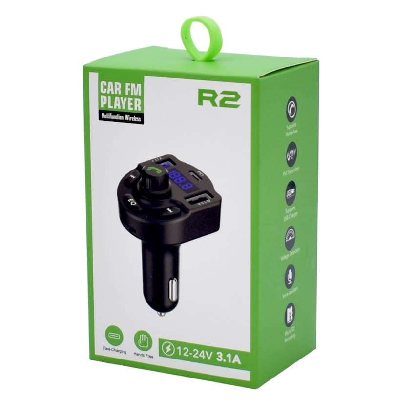 Modulator FM Bluetooth R2, incarcator auto 2 porturi USB + 1 port PD, 5V/3.1A, ecran LED, negru — 3
