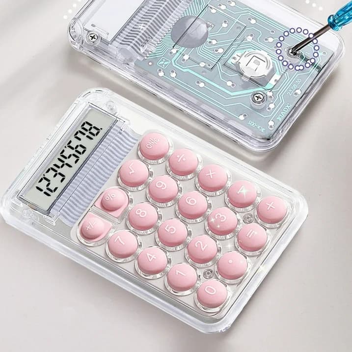 Mini calculator de birou Karuida KK-506, 8 caractere, carcasa transparenta, butoane roz — 6