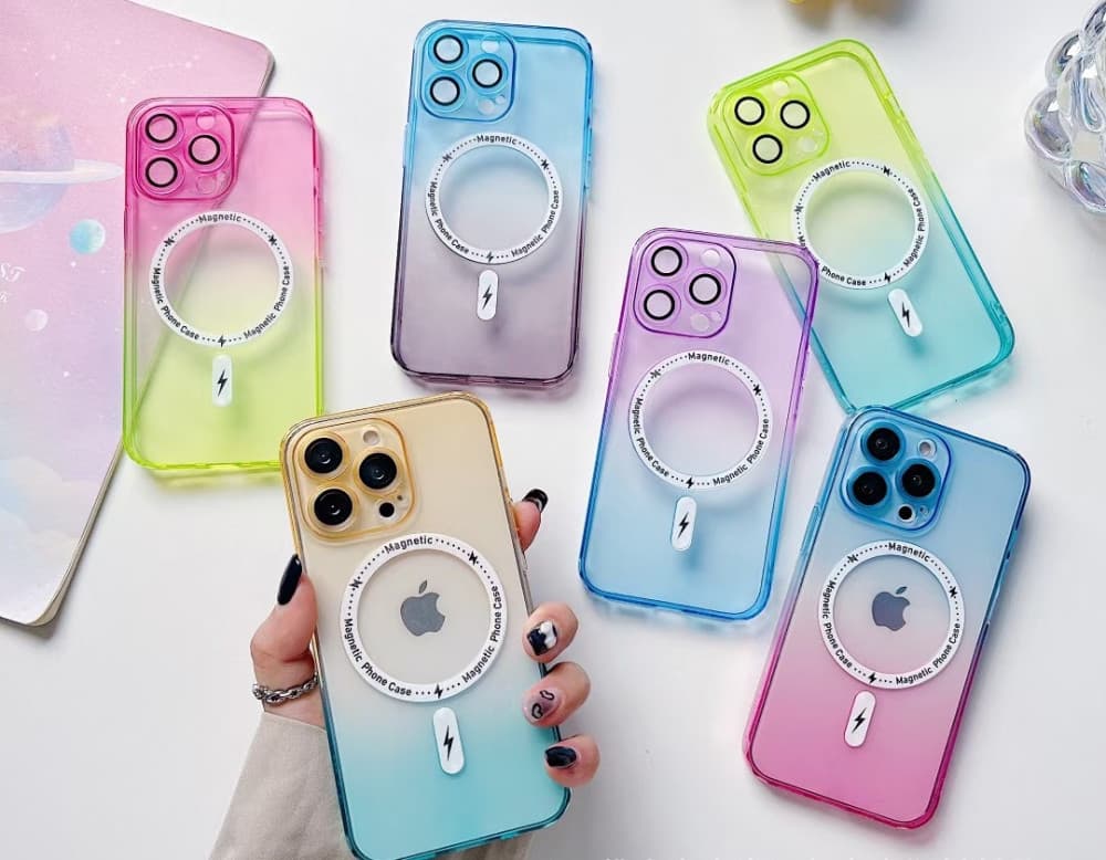 Husa Apple iPhone 14 Pro, Magsafe Gradient TPU, geam protectie camere, roz/albastru — 2