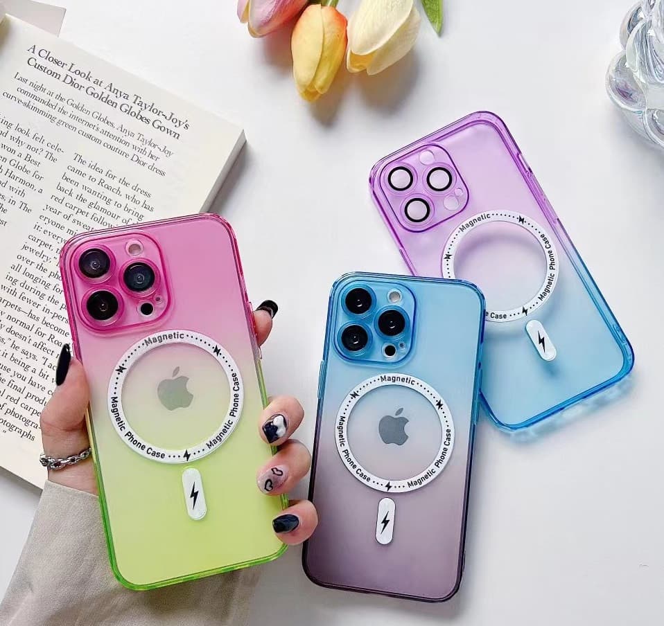 Husa Apple iPhone 14 Pro, Magsafe Gradient TPU, geam protectie camere, roz/albastru — 3
