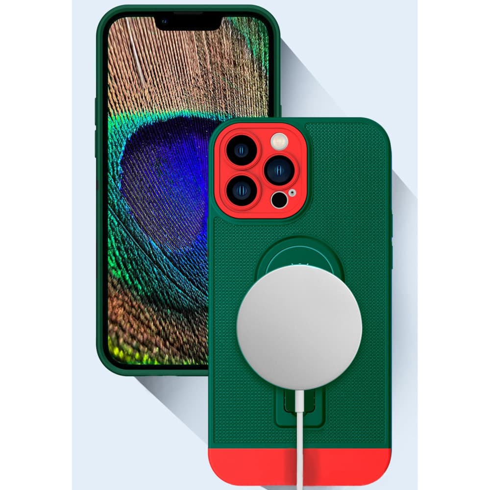 Husa Apple iPhone 12, Armor Design, functie stand, insertie metalica pentru suport auto magnetic, verde/rosu — 3