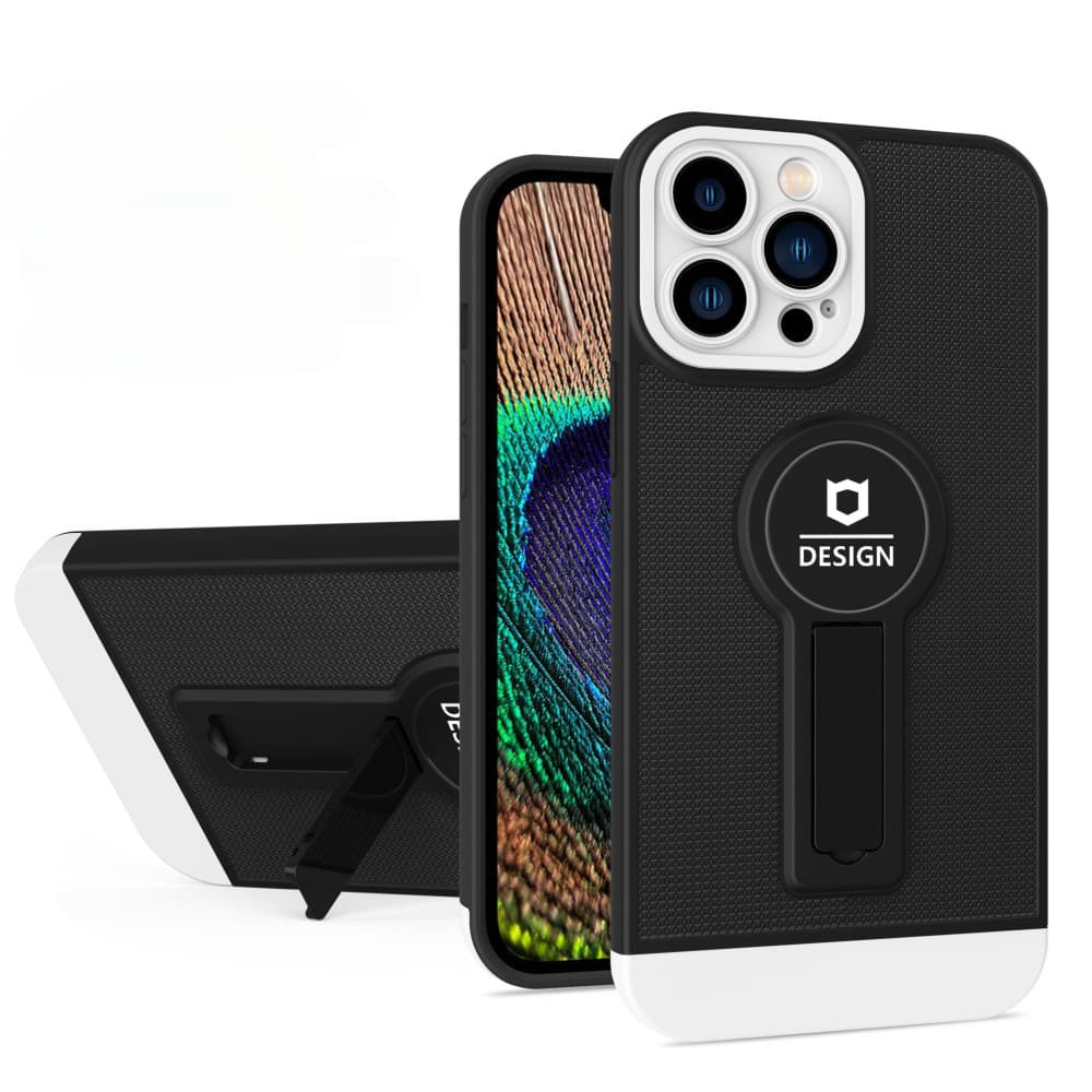 Husa Apple iPhone 14, Armor Design, functie stand, insertie metalica pentru suport auto magnetic, negru/alb — 2
