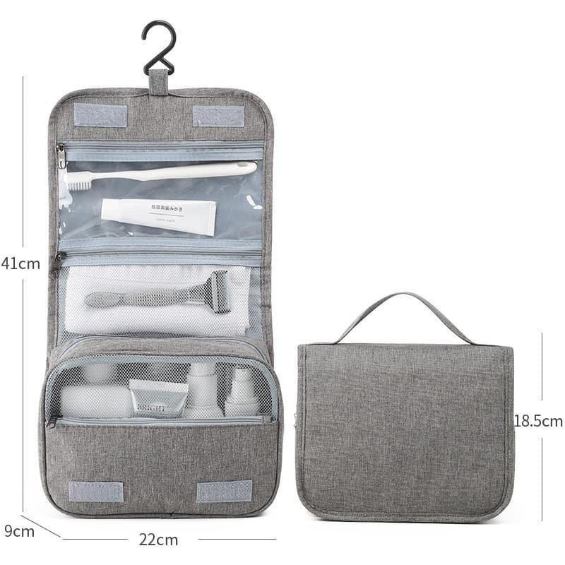 Geanta cosmetice voiaj, material panza, impermeabil, 3 compartimente, agatatoare, 47 x 28 x 20 cm, gri — 7