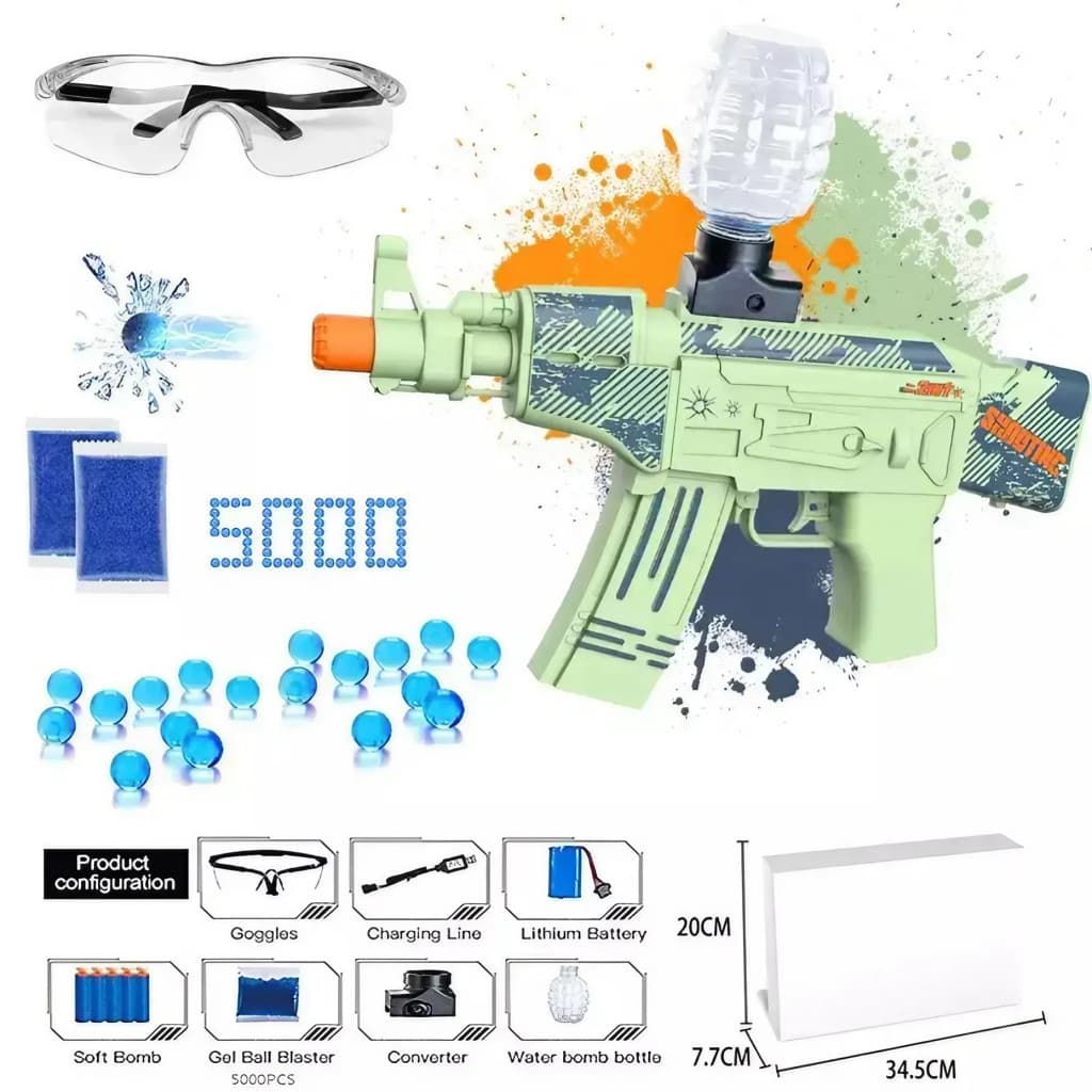 Mitraliera de jucarie cu bile de hidrogen de gel, electrica, 5000 bile incluse, ochelari protectie, AK47, verde — 2