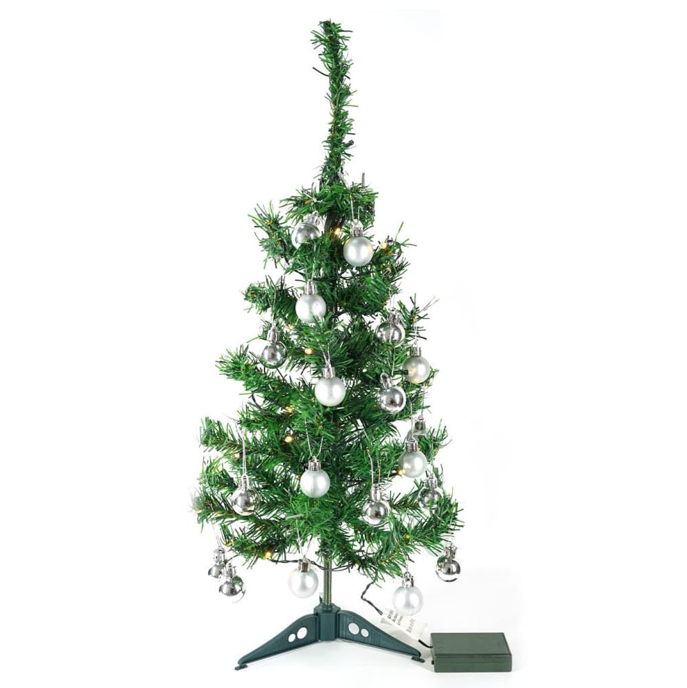Brad artificial impodobit, 60 cm, suport plastic cu instalatie luminoasa 20 LED alb cald + 20 globuri argintii incluse — 2