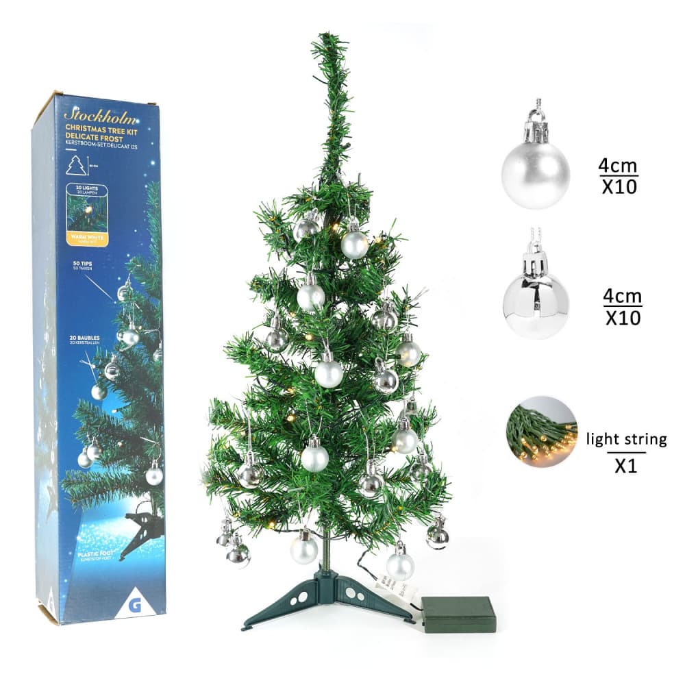 Brad artificial impodobit, 60 cm, suport plastic cu instalatie luminoasa 20 LED alb cald + 20 globuri argintii incluse — 5