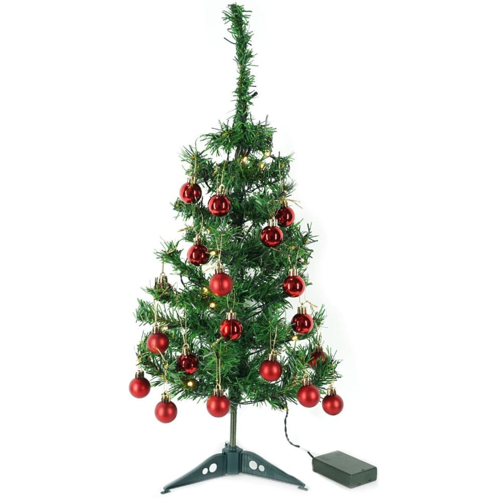 Brad artificial impodobit, 60 cm, suport plastic cu instalatie luminoasa 20 LED alb cald + 20 globuri rosii incluse — 2