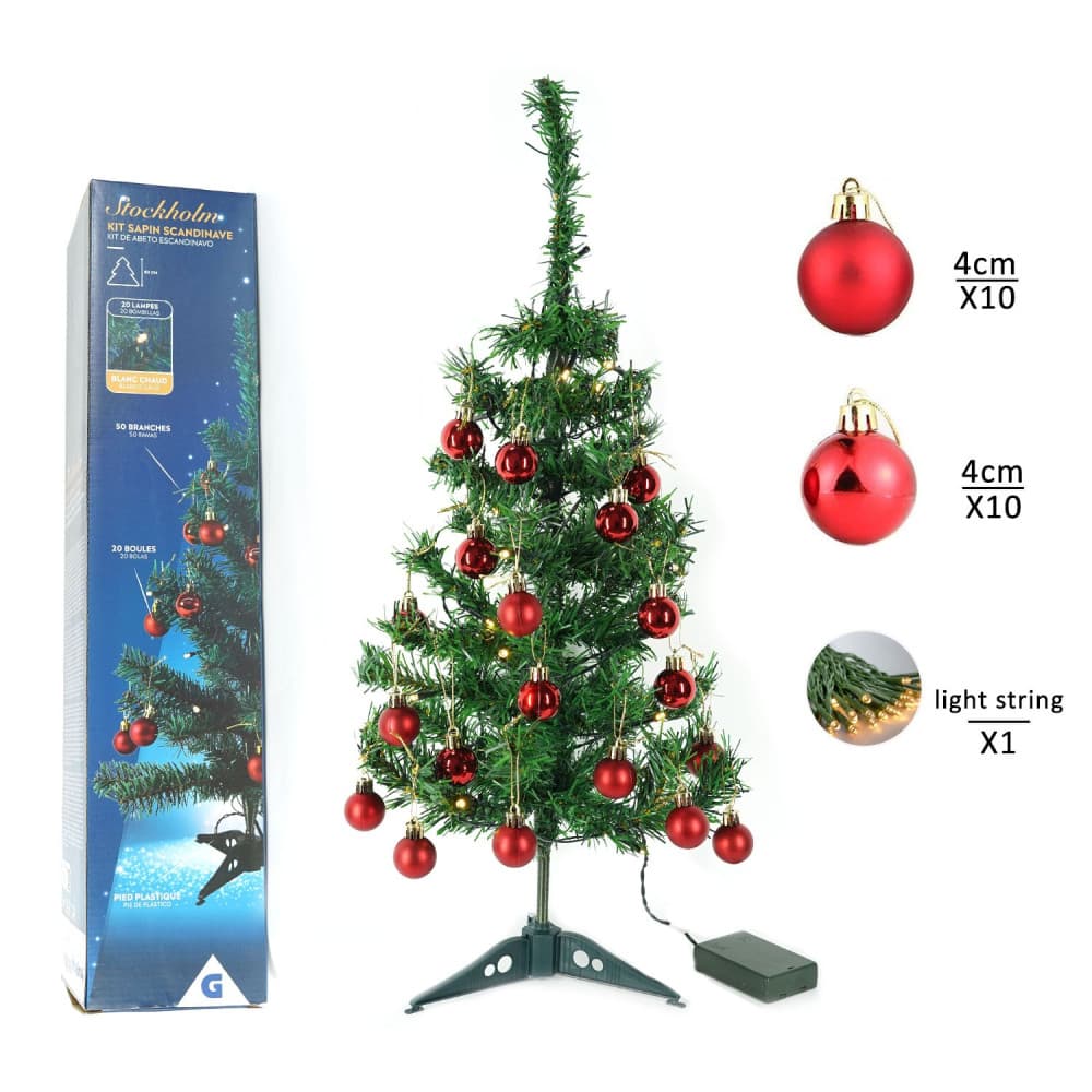 Brad artificial impodobit, 60 cm, suport plastic cu instalatie luminoasa 20 LED alb cald + 20 globuri rosii incluse — 5