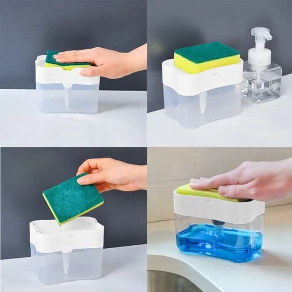 Dispenser dozator 2 in 1 pentru detergent, lichid de vase, suport pentru burete, 14 x 10.5 x 10 cm, 380 ml, alb — 2
