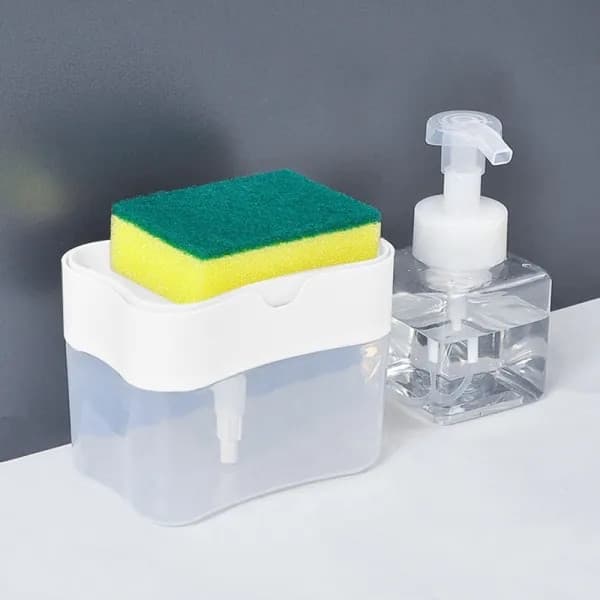 Dispenser dozator 2 in 1 pentru detergent, lichid de vase, suport pentru burete, 14 x 10.5 x 10 cm, 380 ml, alb — 3