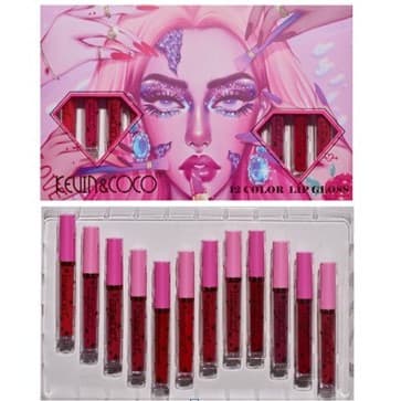 Set 12 Lip Gloss Kevin & Coco, nuante de rosu si rose, cutie dreptunghiulara, 26.5x16.5x2.2 cm, 200 g, multicolor — 3