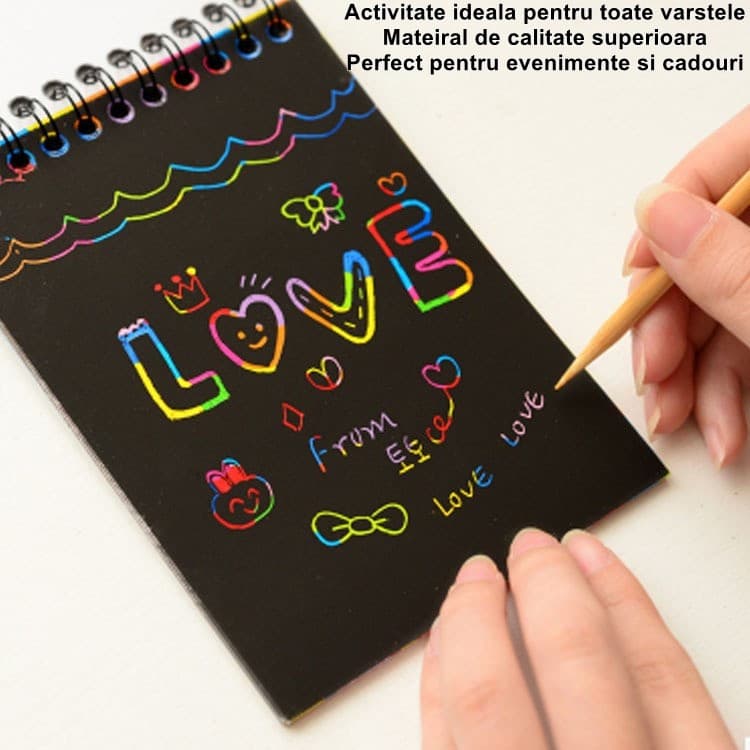 Caiet cu 10 fise razuibile DIY Magic Scratch, 14.5 x 10 cm, curcubeu, creion lemn, cartonase negre, verde — 2